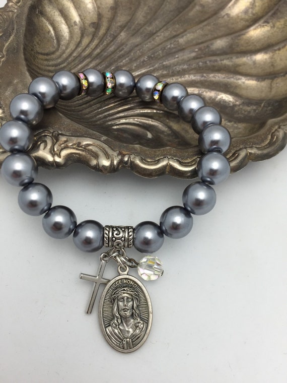 Items similar to Jesus Bracelet Gray Pearl Beaded Bracelet with