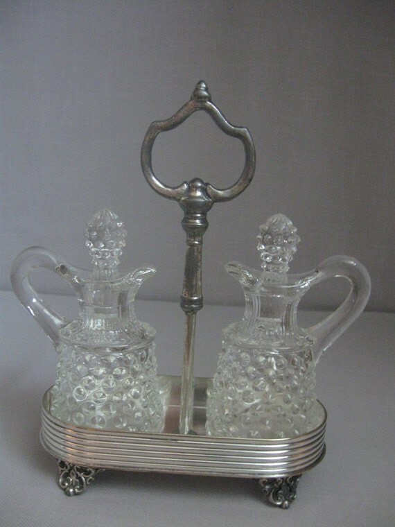 Silver Plate Victoria Cruet Set Stand & Crystal by NANCYSANTIQUES