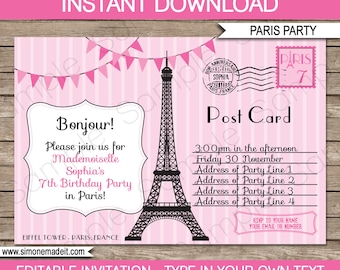 Paris Invitation Template - Postcard to Paris - Birthday Party - INSTANT DOWNLOAD with EDITABLE text - you personalize at home