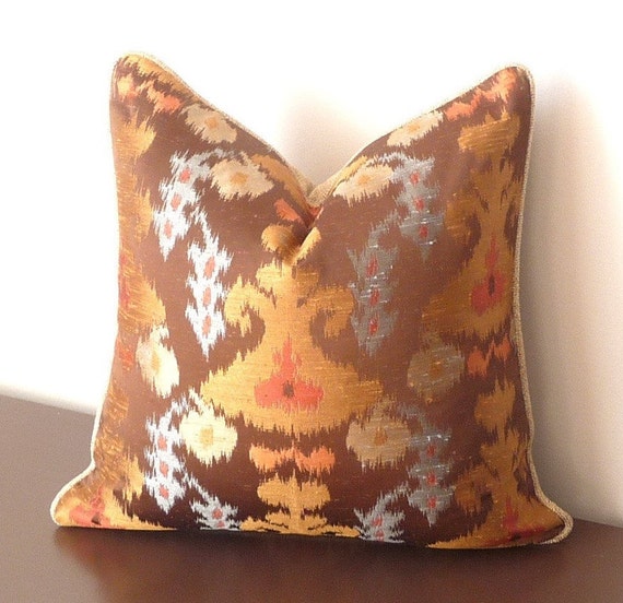 Designer Throw Pillow Ikat Ethnic Woven Orange Gold Brown
