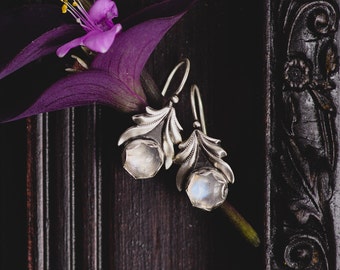 Sterling Silver Moonstone Earrings-Silver Leaf Earrings-Moonstone Grecian Chic Earrings-Ancient Greek Inspired Earrings-Moonstone Jewellery