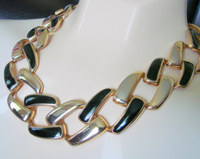 80s Modernist Black Enamel Goldtone Necklace / Wide & Chunky / Vintage Jewelry / Jewellery