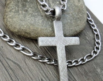 Men's Cross Necklace, Christian Jewelry - Rustic Cross Pendant with Bulky Stainless Steel Figaro Chain