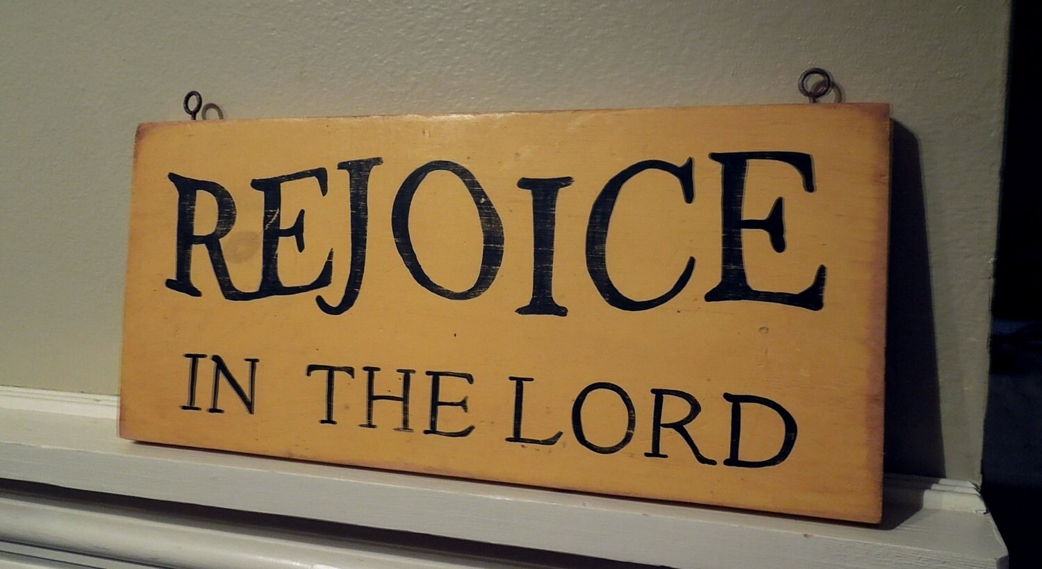 Rejoice in the Lord hand painted yellow wooden scripture sign