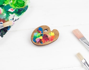 Little Wooden Paint Palette Brooch, Hand Painted, Plywood Artist Palette, Laser Cut Jewellery