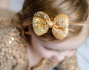 Gold Sequin Bow Petite Skinny Headband - Newborn Baby Hairbow - Little Girls Hair Bow - Infant Photo Prop - Shiny Hair Piece Accessory