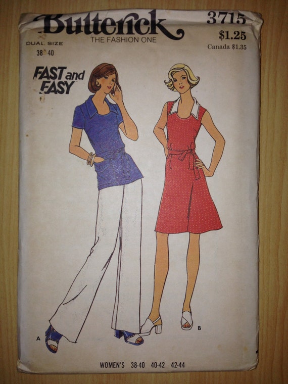 Vintage 70s Butterick 3715 Sewing Pattern Womens Dress Top and Pants Size 38-40