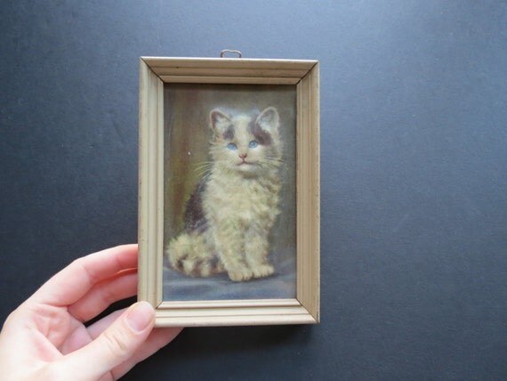 Antique Framed Cat  Print Tiny 3D  Raised Design Kitten Kitty