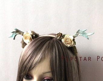 Moss and Gold Rose Druid Deer Antler headband (Tatiana) Woodland Mori kei Fashion headdress for flower girls, harajuku fashion, cosplay,larp