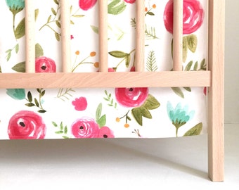 Crib Skirt Happy Floral. Baby Bedding. Crib Bedding. Crib Skirt Girl. Baby Girl Nursery. Floral Crib Skirt. Pink Crib Skirt.