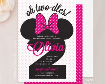Minnie Mouse Birthday Invitation - 5"x7" Invite & Envelope - Two-dles Minnie Mouse Invitation, Second Birthday Invitation, First Birthday