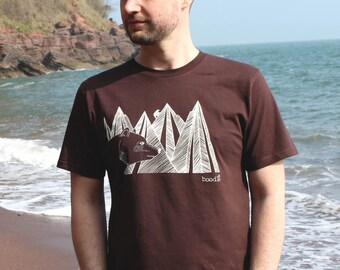 Organic Mens 'Mountain Bear' T-shirt hand screen printed with eco-friendly inks. Featuring a mountain bear in front of a mountain range.