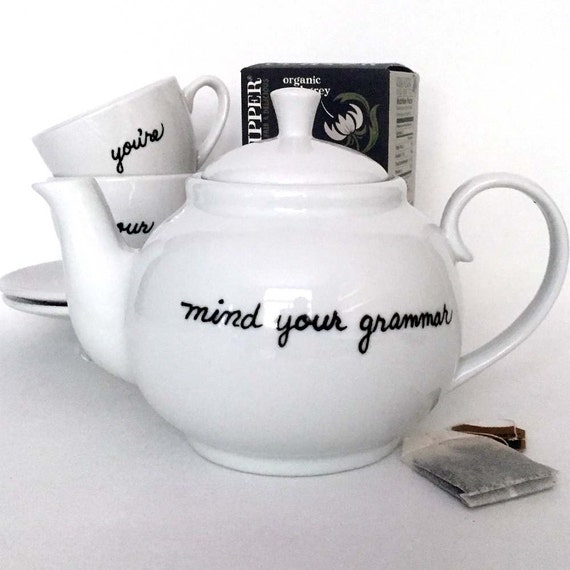 Upcycled Mind Your Grammar Tea Pot White Porcelain Hand Painted