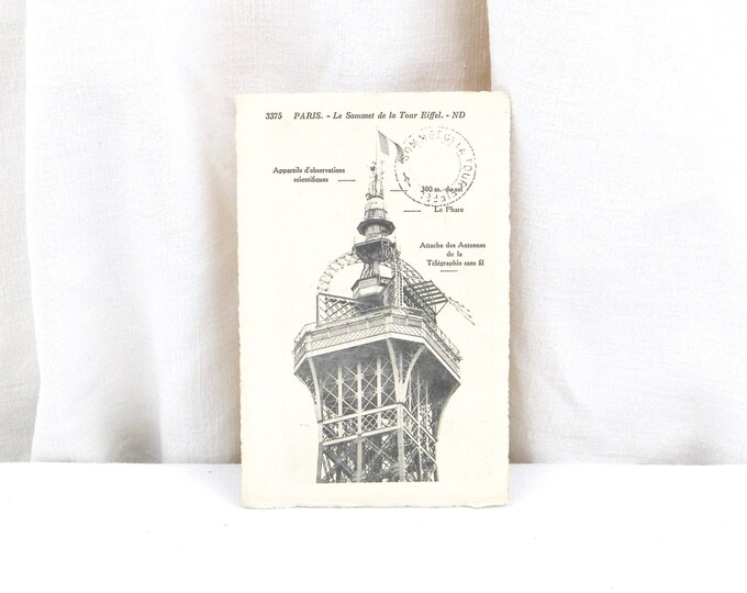 Antique Unused French Black and White Postcard the Summit of the Eiffel Tower Paris Postmarked / French Vintage Decor Shabby Chic Parisian