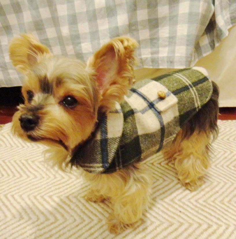 Small dog wool coat Plaid coat Warm pet coat green tartan