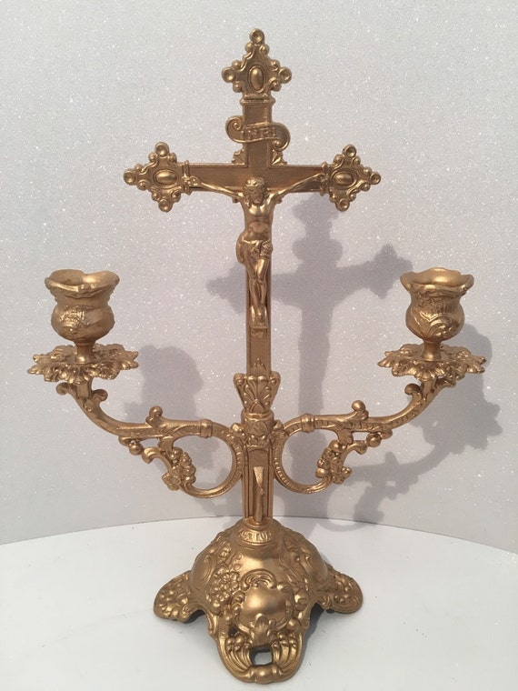 Antique Ornate Religious Brass 2 Candle Candelabra