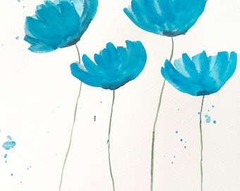 Blue poppies art, poppy artwork, original watercolour painting 10 X 14 inches gift for her