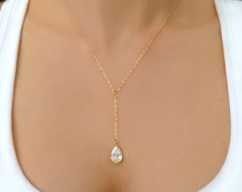 Y Necklace, Gold Lariat Necklace, Crystal Bridal Necklace, Crystal Teardrop Necklace, Crystal Necklace, Wedding Necklace Bridal Jewelry