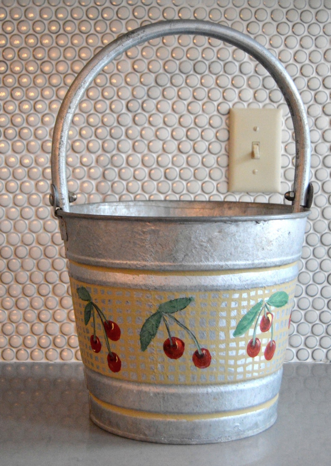 Hand Painted Cherries Galvanized Bucket 3 by SongSparrowTreasures