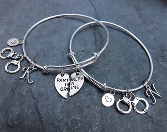 Set of 2 - Partners in Crime Charm Bracelet - Expandable Bangle - Friendship Bracelet - Best Friend Gift - Handcuff Bracelet - Jewelry