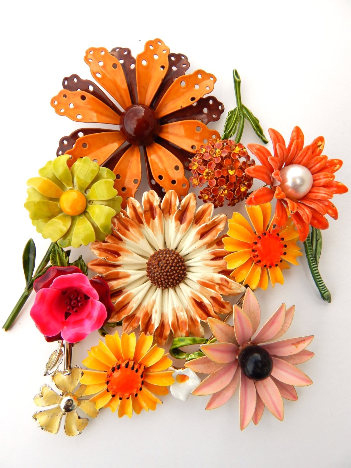 Jewelry Lot Vintage Enamel Flower Pins Brooches Earrings