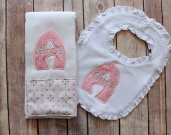 Monogrammed Baby Girl Burp Cloth and Bib Set - Personalized Girl Burp Cloth Bib Baby Gift - Baby Shower or New Baby Monogrammed Gift