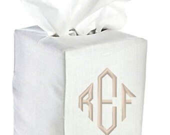 Linen Tissue Box Cover Monogrammed White Natural Bath Monogram