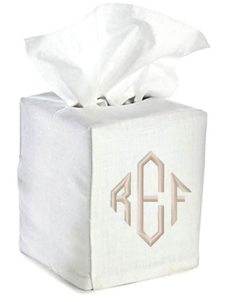 Linen Tissue Box Cover Monogrammed White Natural Bath Monogram
