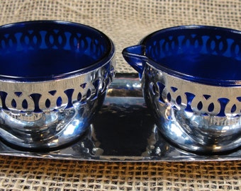 Vintage Cobalt Blue Glass Silver Die Cut Cream & Sugar Bowls Made in England
