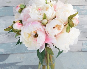 Silk Blush Pink Cream Peonies Arrangement Centerpiece - Large Flowers Peonies Faux Home Decor Artificial Roses - Acrylic Water
