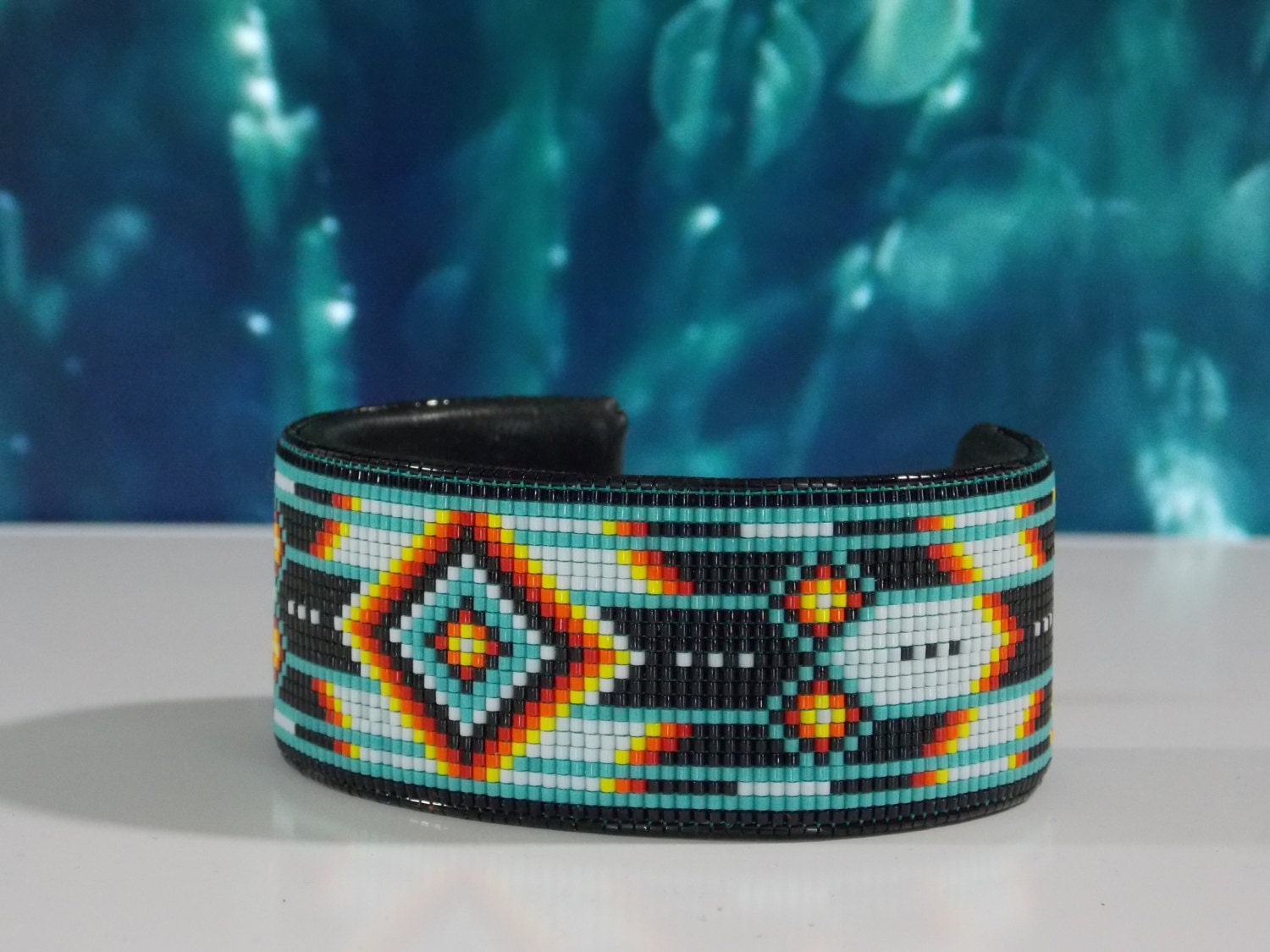 Native American Beaded Cuff Bracelet in Turquoise and With