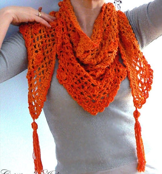 Tangerine crochet shawl Triangle orange shawl pima cotton