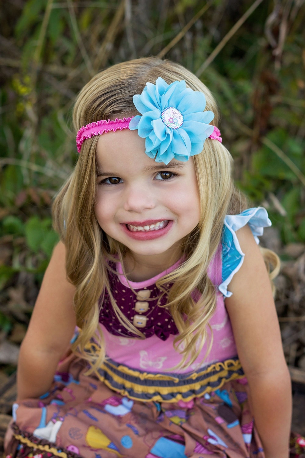Sister Love Headband, Blue Flower Headband, Big Sister Headband, Little