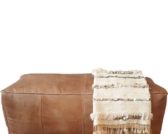 Long Leather Pouf Ottoman | natural brown leather rectangle ottoman. Long. Earth
