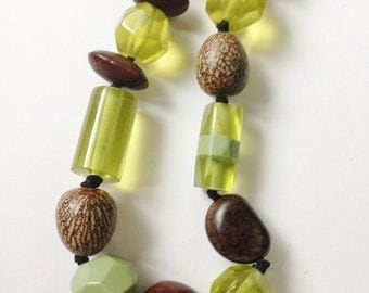 Necklace - sage green and brown plastic beaded high quality necklace retro design