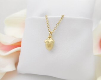 FREE US Ship Tiny Matte Gold Acorn Necklace On Gold Filled Chain Minimalist Gold Acorn Necklace Dainty Gold Acorn Gold Layering Necklace