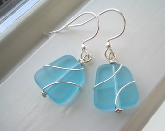 Blue Glass Earrings - Cultured Sea Glass Jewelry - Light Blue Earrings - Wire Wrapped Earrings - Wire Wrapped Jewelry - Recycled Glass