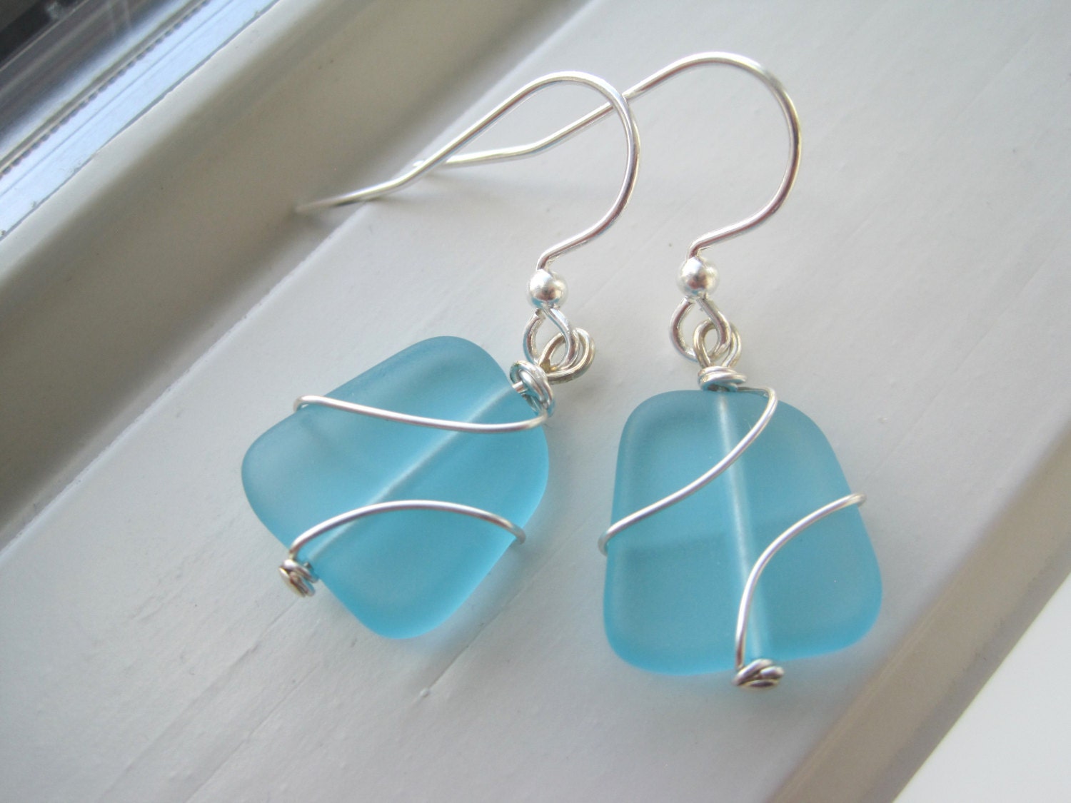Blue Glass Earrings Cultured Sea Glass Jewelry Light Blue