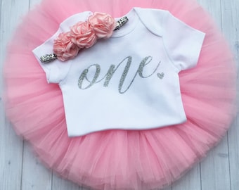 Baby Girl Pink Silver Birthday Tutu- Pink and Silver First Birthday Outfit- Silver Pink One Birthday Outfit- Gold One 1st Birthday Outfit