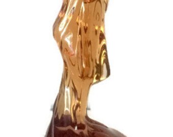 1930's Cambridge Amber Glass Drape Lady Woman Flower Frog Figurine 8 3/4" 10 Hole Art Deco, One Small Chip on the Bottom