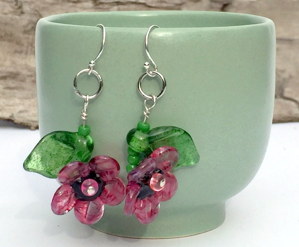 Pink Glass Flower Earrings with Green Leaves