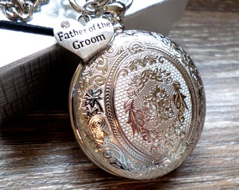 Father of The Groom Pocket Watch Silver Quartz with Vest Chain Personalized Father of The Groom Gift Idea Ships to US/Canada SLEQ