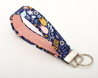 Flower Keychain, Key Fob Wristlet, Pink Lanyard - Pastel Pink and Navy Floral - Cute Flower Gift