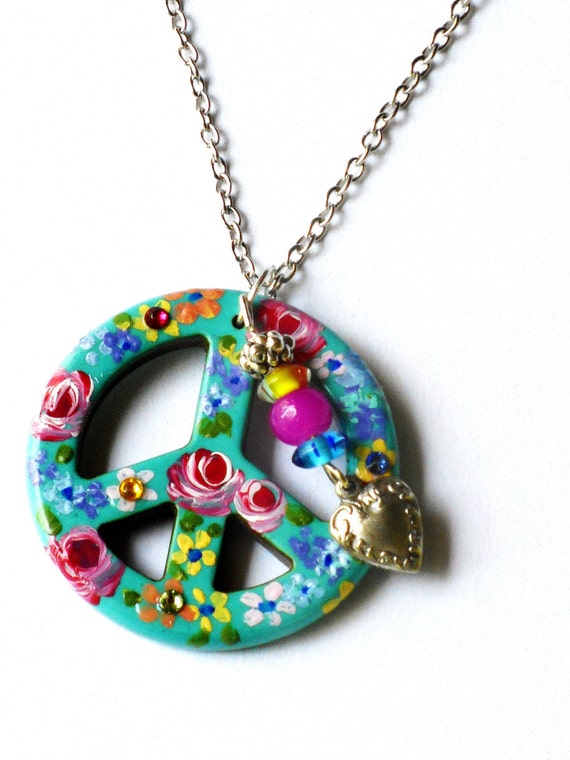 Download Peace Sign Necklace Hand Painted Colorful Flowers Dangling
