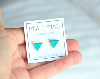 Turquoise triangle stud earrings, Turquoise earrings, Triangle studs, Modern jewelry, Small Earrings, Dainty Jewelry, Bridal Bridesmaid