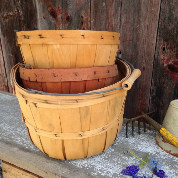 Three split wood orchard fruit baskets bale wire and wooden
