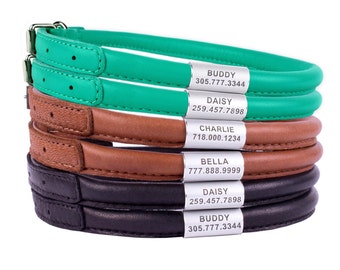 Dog Collar Rolled Leather OPTIONAL ID TAG Extra Small Medium Large Soft Padded