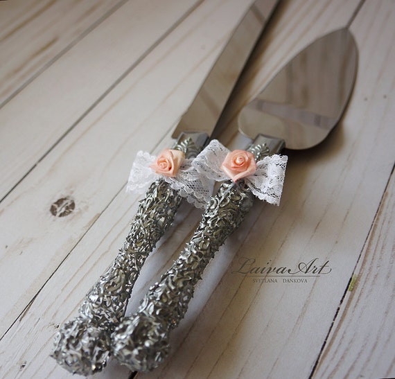 Silver Wedding  Cake  Server Set  Knife Cake  Grey by LaivaArt