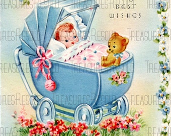 Retro Congratulations New Baby In Buggy Carriage Card #452 Digital Download