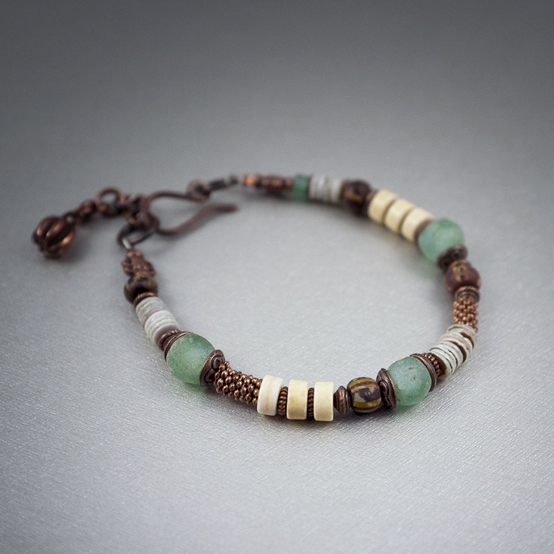 Tribal beaded bracelet African beads Aquamarine recycled